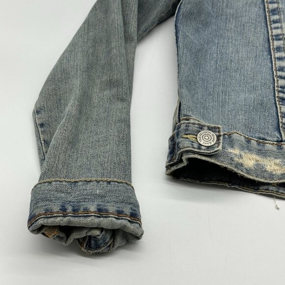 True Religion Jimmy Women's Size Large Light Wash Distressed Denim Jean Jacket - Picture 9 of 10